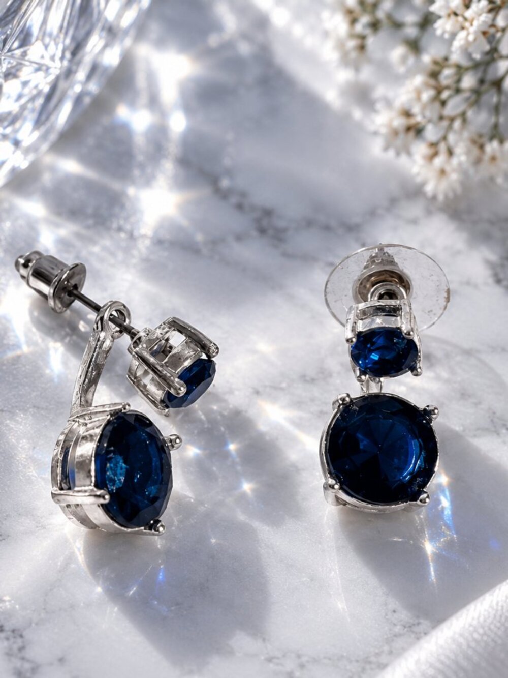 Vintage Style Faux Sapphire Two-Tone Front-Back Ear Jackets Silver-Tone